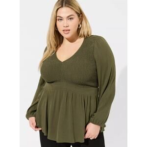Torrid Smocked Babydoll Top Sz 0X Stretch Whimsigoth Grunge Dark Romantic Olive